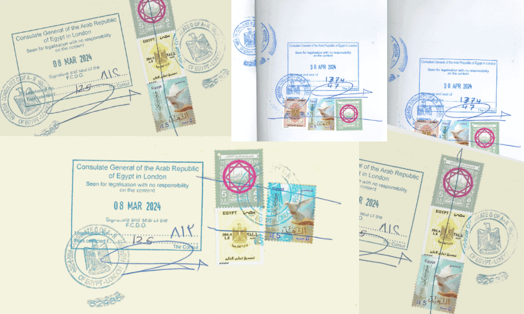 a collage of stamps of the Egypt embassy