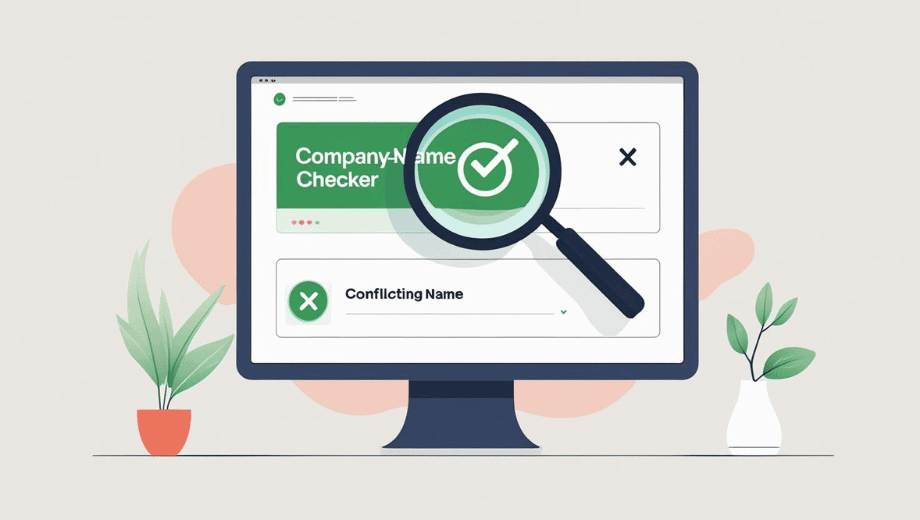 Graphic illustrating a company-name availability search with a green tick for an accepted name and a red cross for a rejected one.