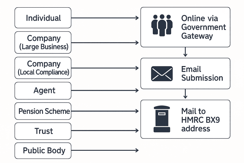 Flowchart showing entity-specific HMRC application routes for Certificate of Residence