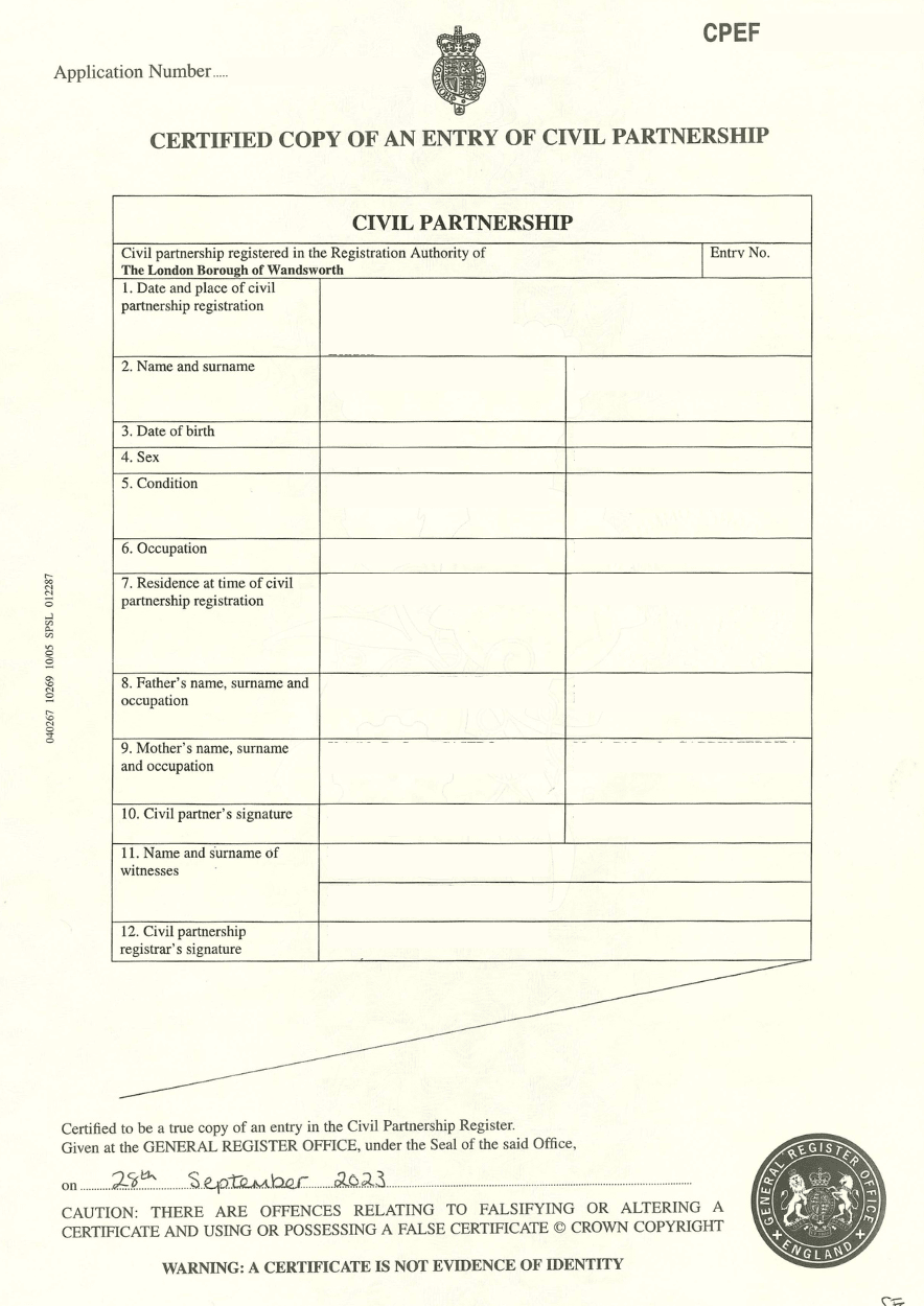Certified Copy of an Entry of Civil Partnership