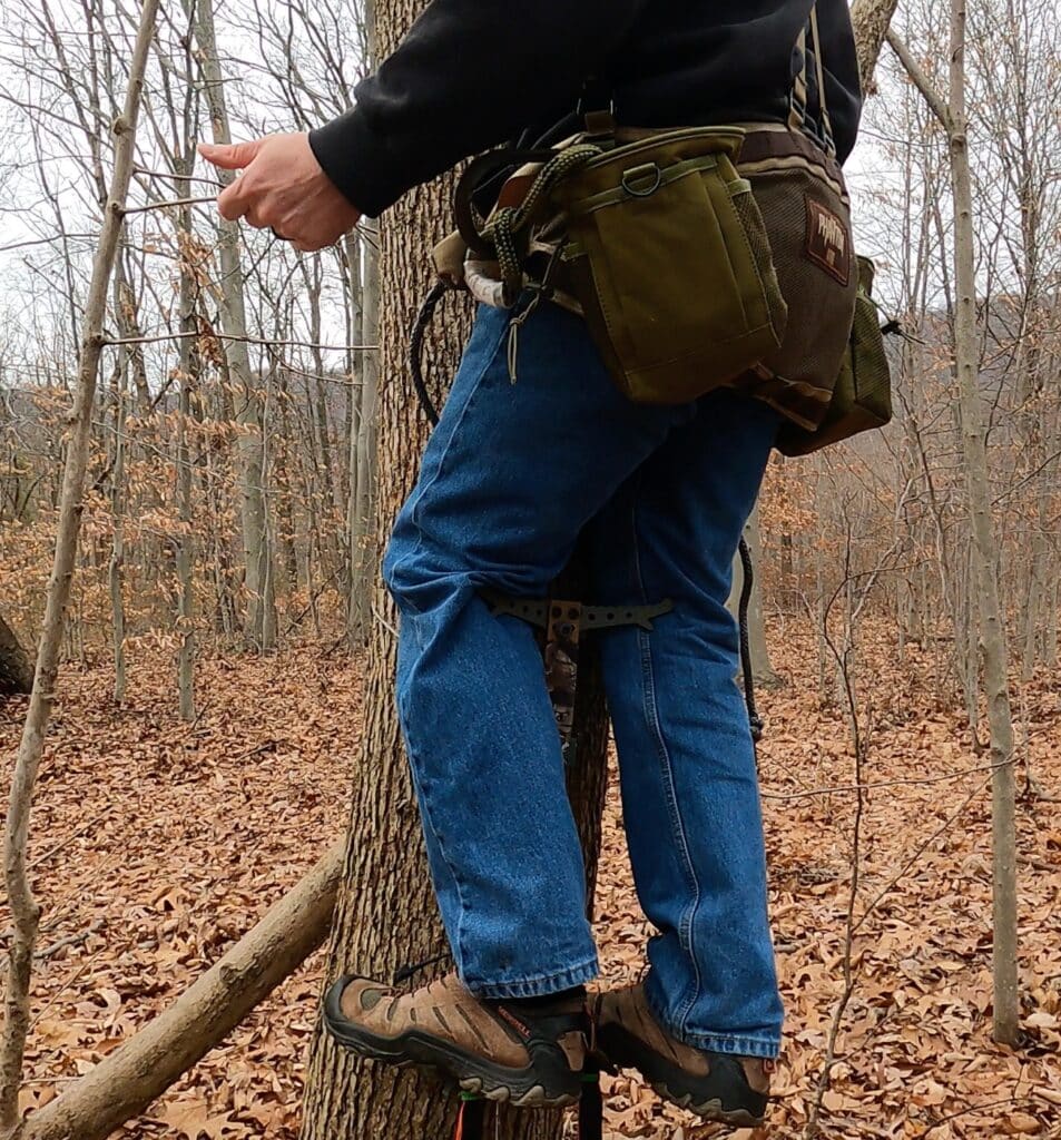 Hooking my legs on the skeletor sticks for stability in the tree.