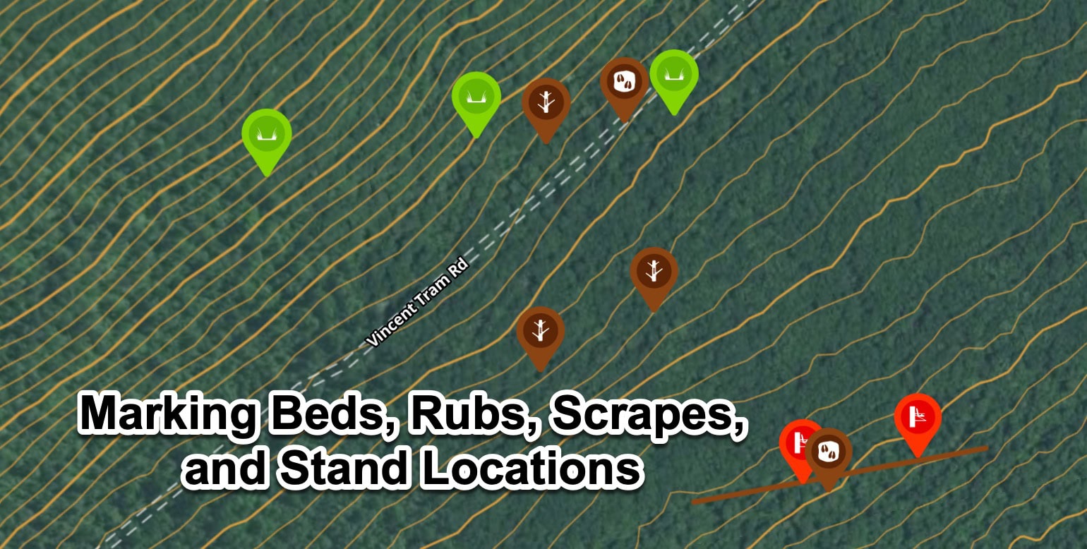 Mobile hunting app with organized waypoints marking possible buck bedding locations