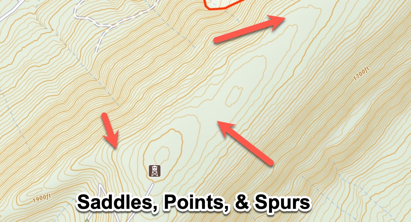 Topo map labels showing saddles, ridge points, spurs, and terrain features that can hold buck bedding