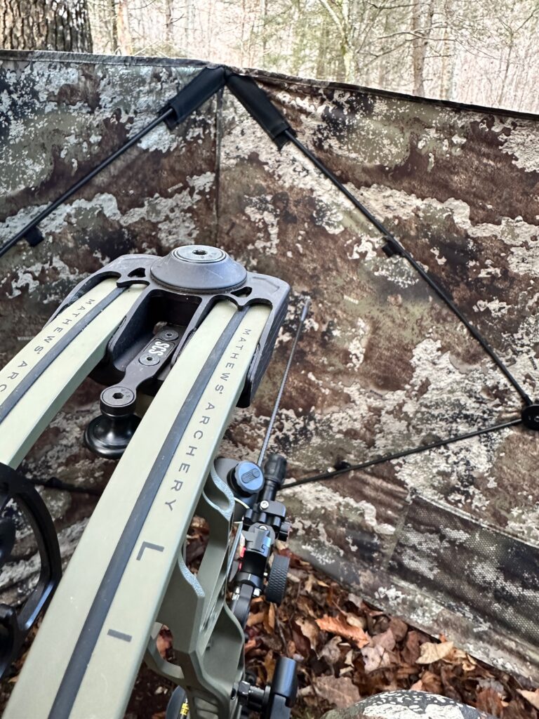 Mathews Lift 29.5 behind a blind while hunting. Using the right arrow for the bow's power curve to ensure a quiet shot when the time comes.