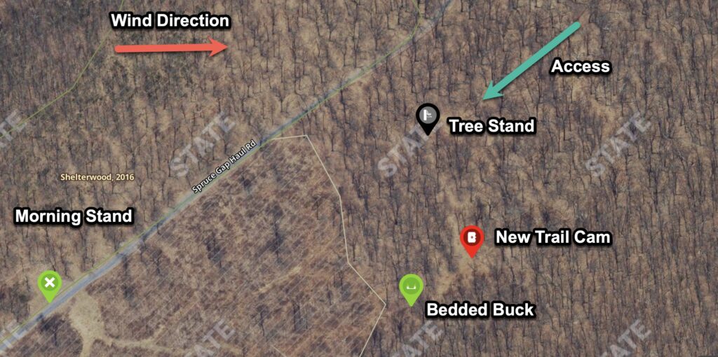 Buck bedding hunt map showing entry route, scrape location, and stand site in PA mountain terrain