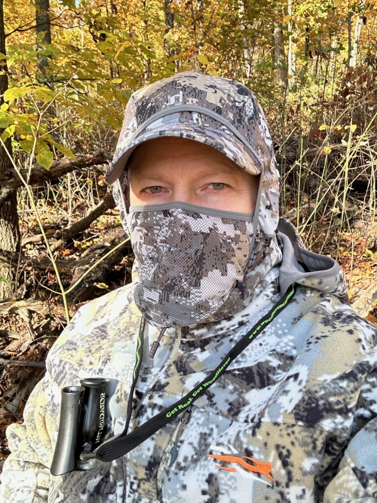Mike wearing the Sitka Stratus 2.0 with mask from the Equinox Guard hoody.