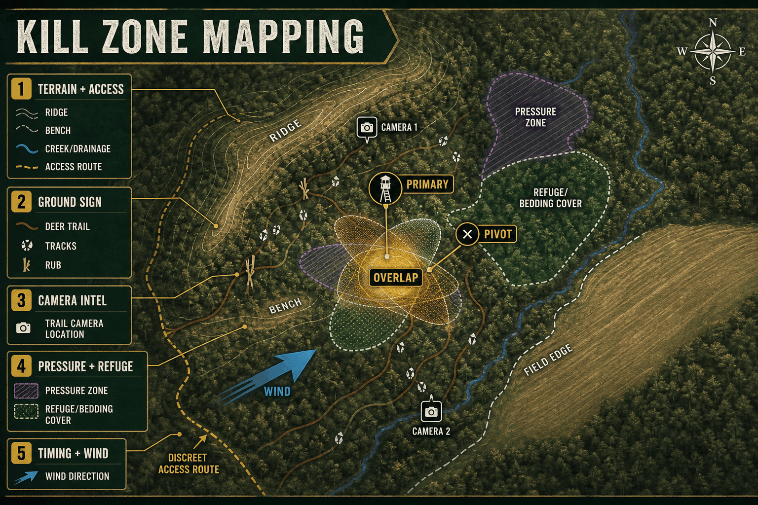 Kill Zone Mapping System infographic showing terrain, sign, wind, pressure, timing, and access