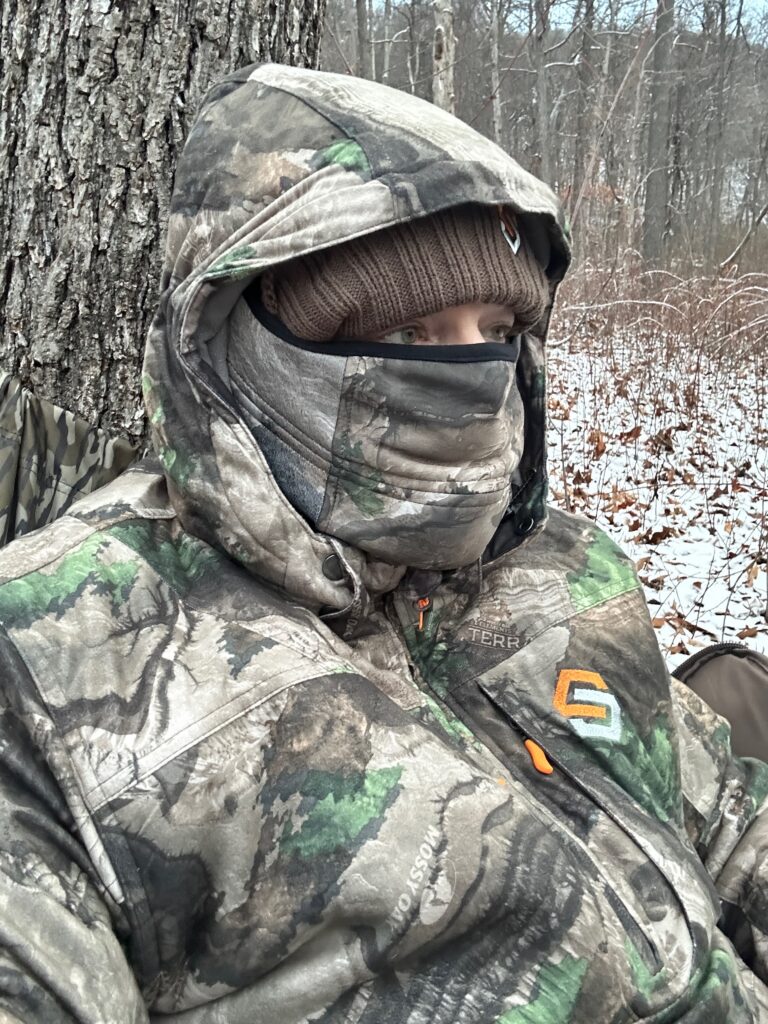 Scentlok Divergent Review - Mike hunting in snow - Mask on