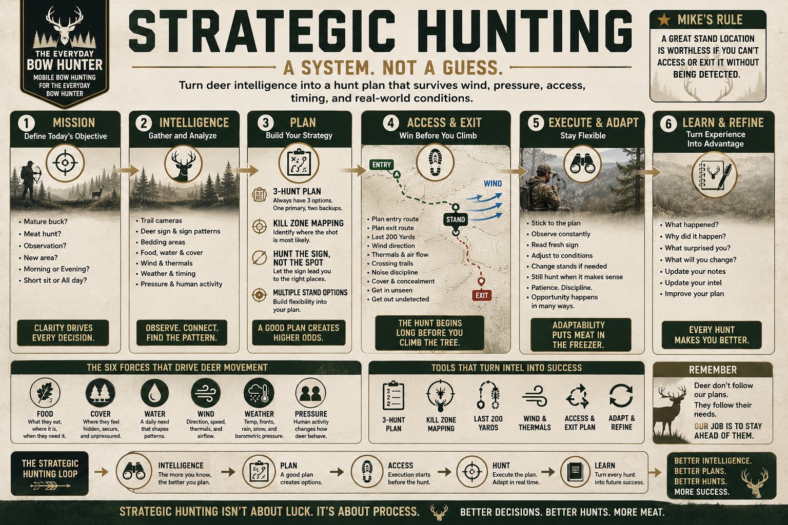 Strategic Hunting System infographic showing mission, intelligence, plan, access and exit, execute and adapt, and learn and refine for bowhunters