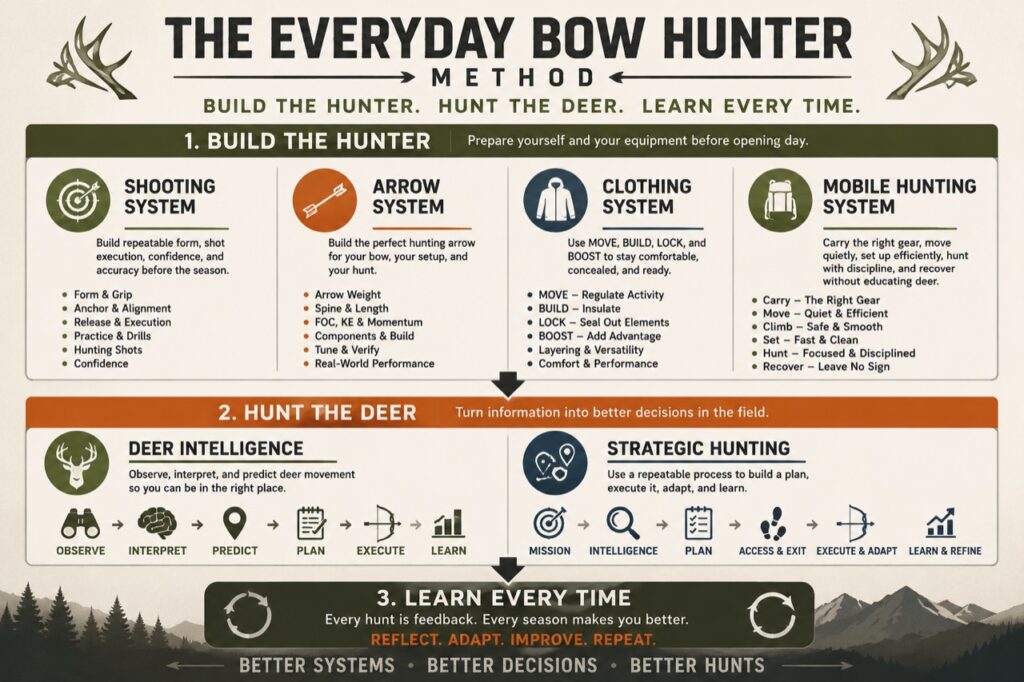 The Everyday Bow Hunter Method infographic showing Build the Hunter, Hunt the Deer, and Learn Every Time.
