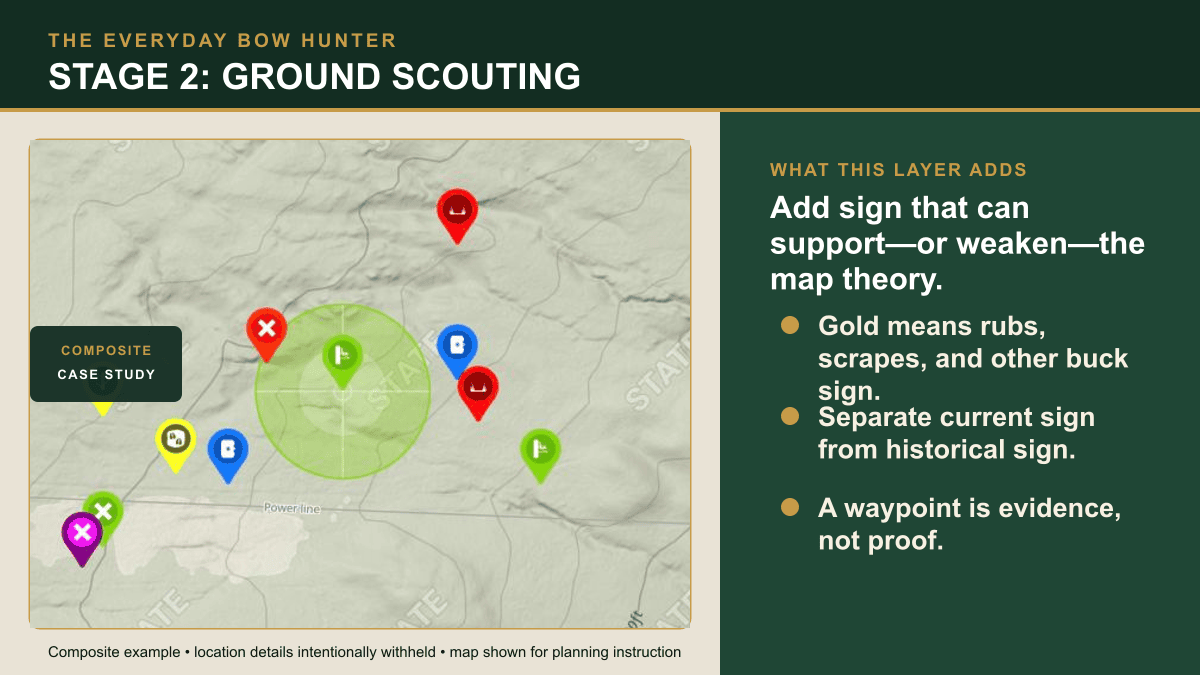 onX Hunt ground scouting map with a primary scrape, historical rub line, suspected bedding, and travel theory