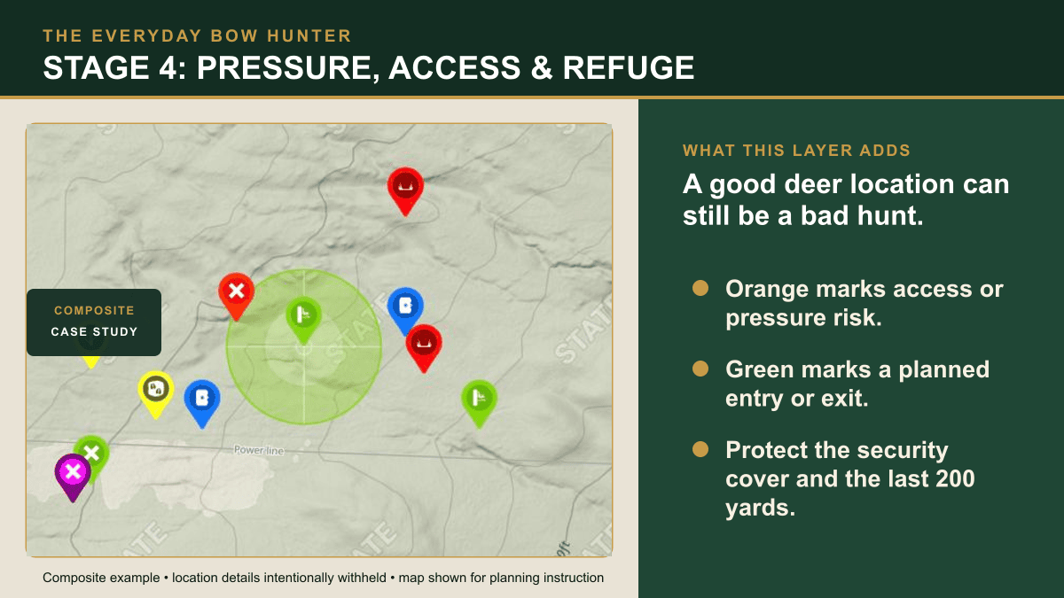 onX Hunt whitetail map showing hunter access, pressure, security cover, cameras, sign, and a proposed Kill Zone