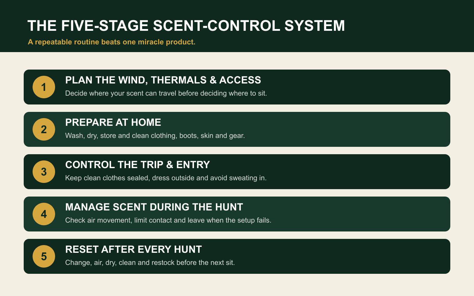 Five-stage scent-control system covering wind and access, home preparation, entry, the hunt, and the post-hunt reset