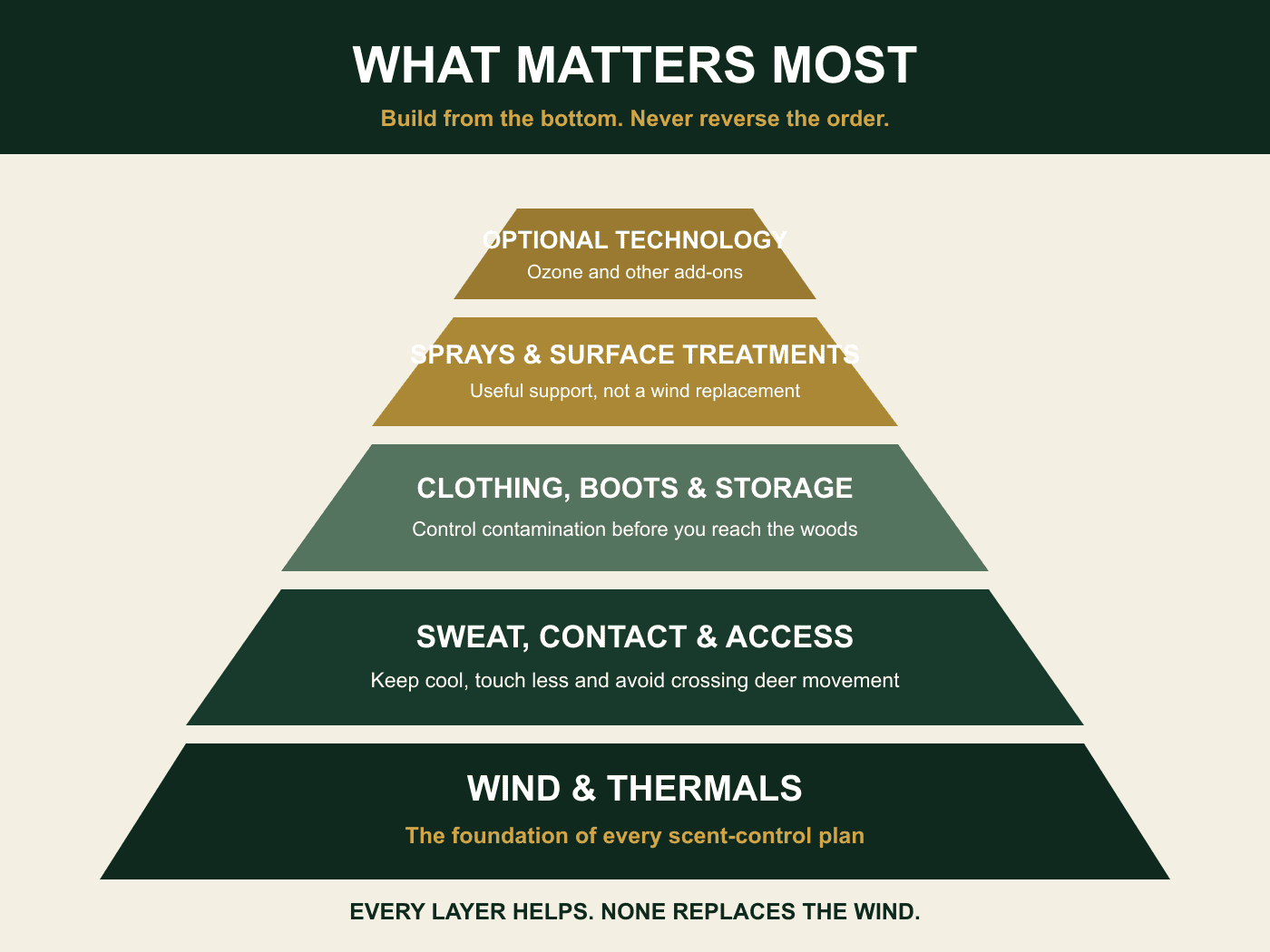 Scent control priority pyramid showing wind and thermals as the foundation, followed by sweat and access, clothing and storage, sprays, and optional technology