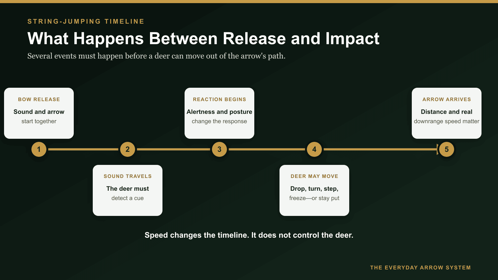 Timeline showing bow release, sound travel, deer reaction, arrow flight, and impact as separate parts of a string-jumping shot