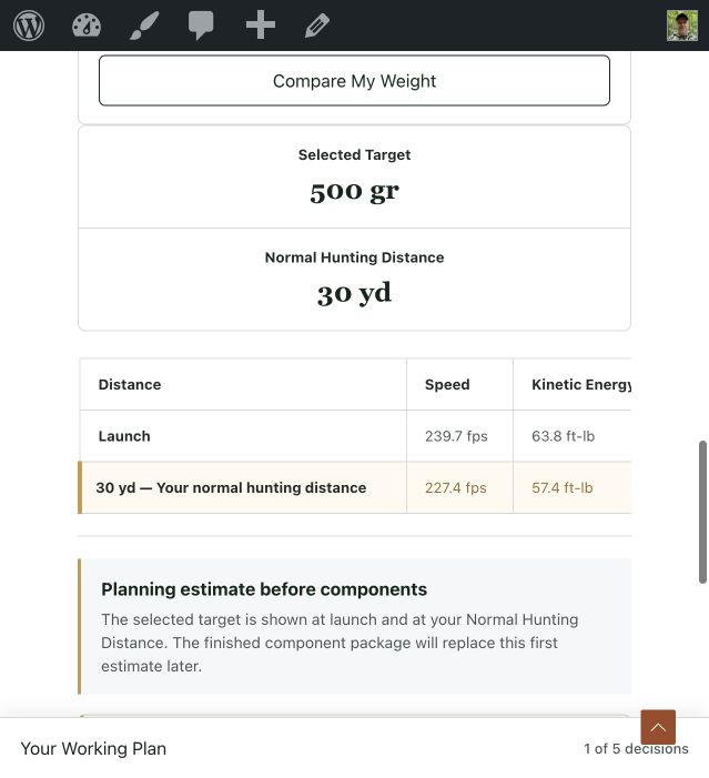 Arrow Planner target-weight and performance area showing selected weight, estimated speed, kinetic energy, and momentum.