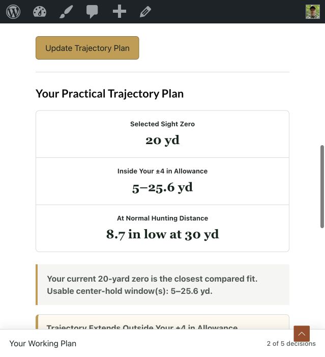 Arrow Planner trajectory result showing the selected zero, usable allowance range, and the arrow's modeled drop at Normal Hunting Distance.