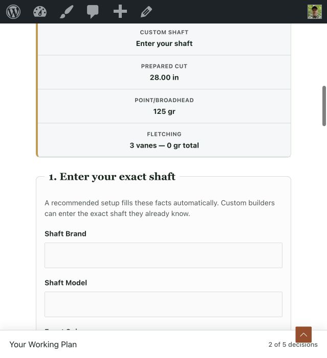 Arrow Planner custom component area with shaft, front-system, broadhead, nock, vane, wrap, and additional-weight fields.