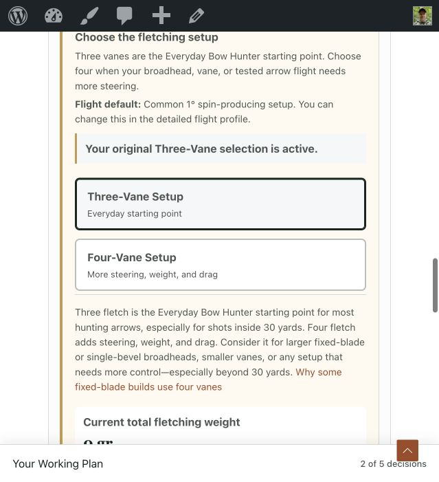 Arrow Planner fletching controls comparing three-vane and four-vane configurations with connected rear weight.