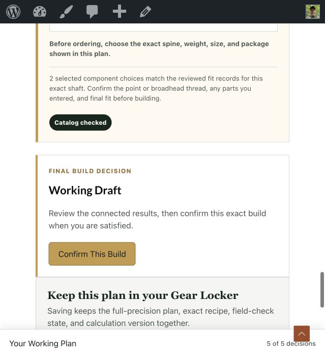 Arrow Planner confirmation area showing the current component build and the Confirm This Build action.