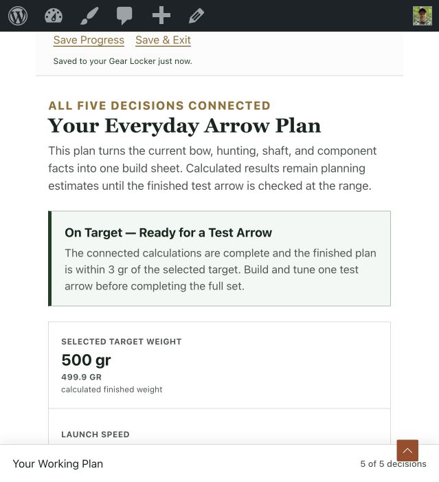 Arrow Planner final review summarizing bow facts, lengths, target and finished weight, trajectory, components, FOC, and Correct Spine Class.