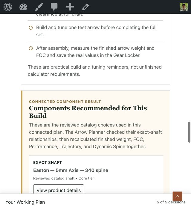 Confirmed Arrow Planner component summary listing the selected shaft, front components, broadhead, nock, vanes, and available product links.
