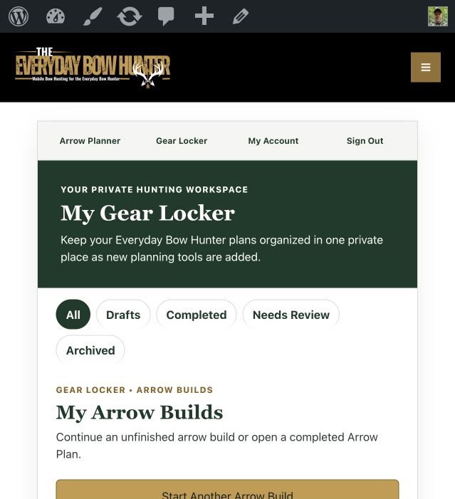 Gear Locker Arrow Builds section showing draft and completed statuses with build filters and actions.