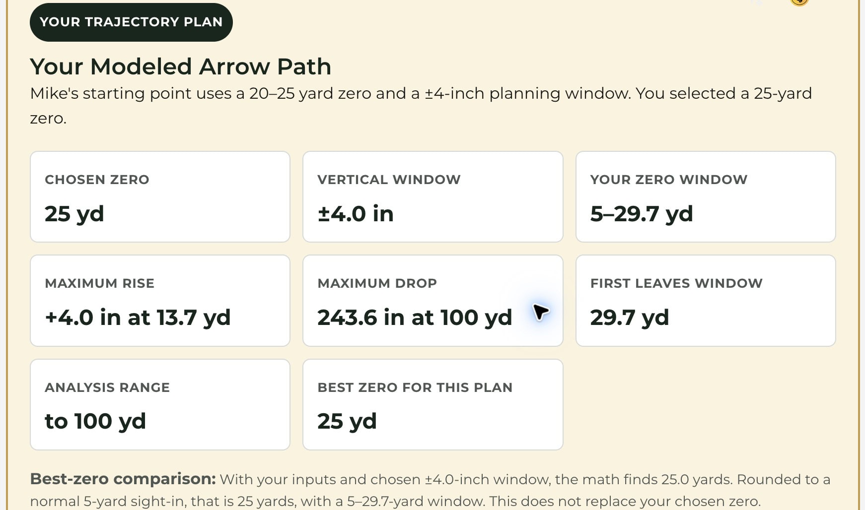 Arrow trajectory results showing a 25-yard zero, 5-to-29.7-yard zero window, maximum rise, and maximum drop.