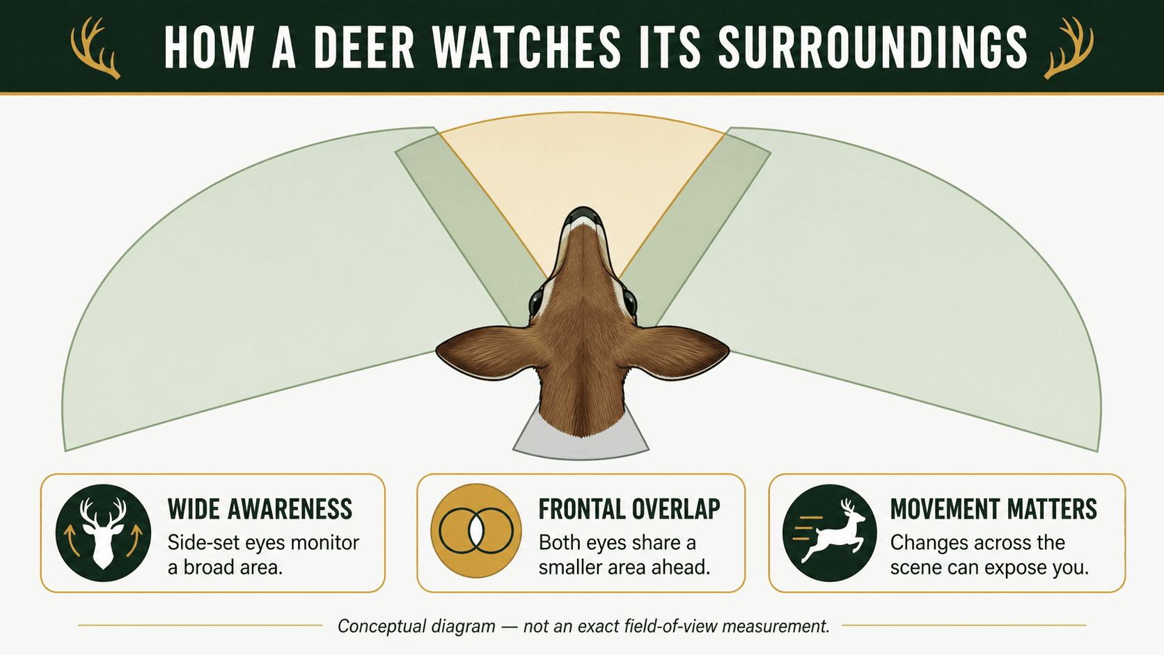 Conceptual diagram showing a white-tailed deer's wide visual awareness, smaller frontal overlap, and sensitivity to movement