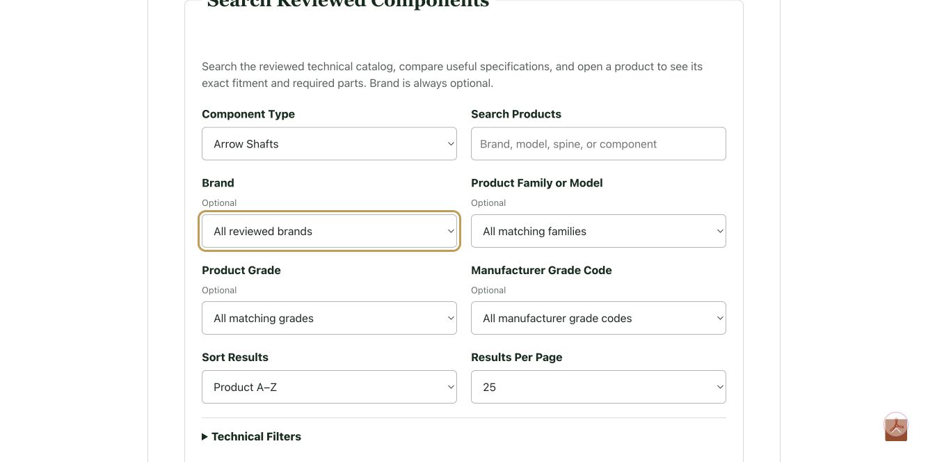 Browse Components search showing brand, product family, grade, grade code, sort, spine, straightness, diameter, and other technical filters.