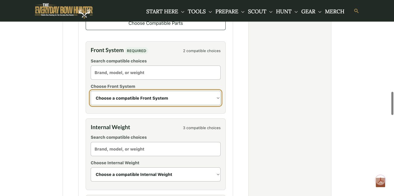 Component Finder builder showing reviewed front-system, internal-weight, nock, nock-bushing, and fletching choices for one exact shaft.