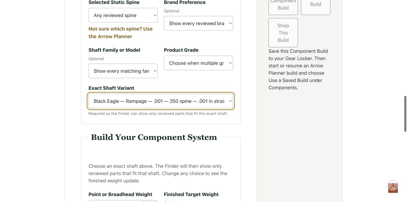 Component Finder exact-shaft controls showing a Black Eagle Rampage .001 shaft in 350 spine with .001-inch straightness.