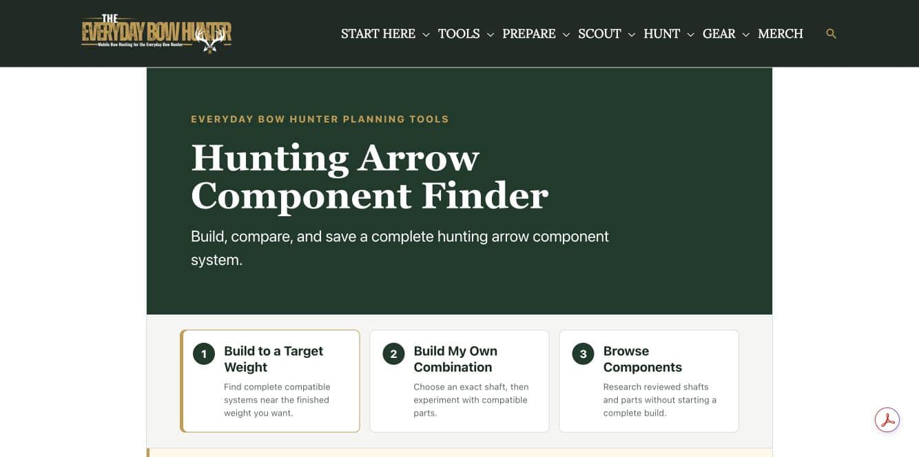 Hunting Arrow Component Finder showing the three starting paths: Build to a Target Weight, Build My Own Combination, and Browse Components.