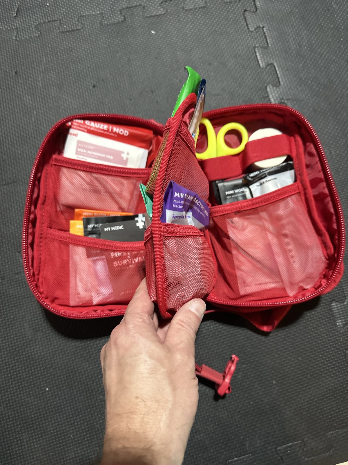 Open MyMedic MYFAK first-aid kit kept in my 2025 Toyota Tacoma