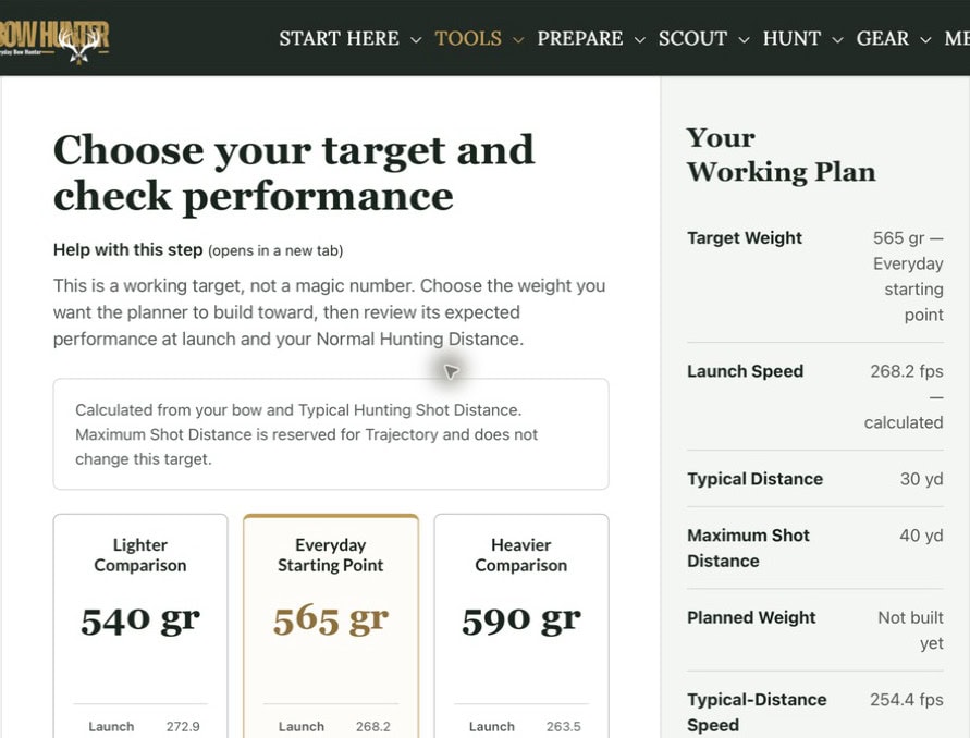 Arrow Planner target-weight and performance area showing selected weight, estimated speed, kinetic energy, and momentum.