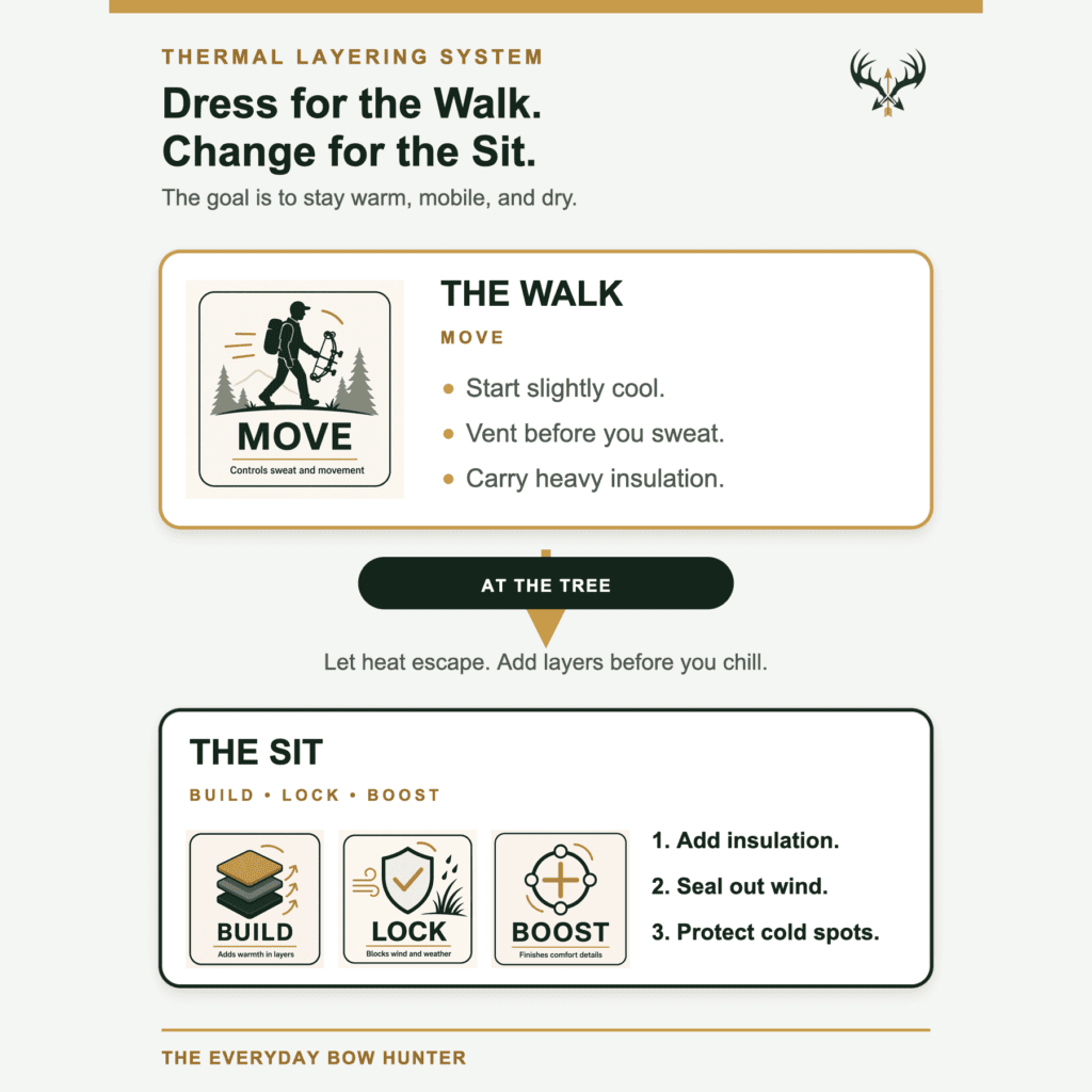Thermal Layering System diagram showing how a bowhunter dresses lightly for the walk, vents at the tree, then adds BUILD, LOCK, and BOOST layers for the sit.