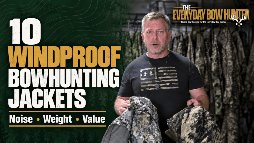 Mike Manley holding hunting jackets beside the title “10 Windproof Bowhunting Jackets” and subtitle “Noise, Weight, Value.”