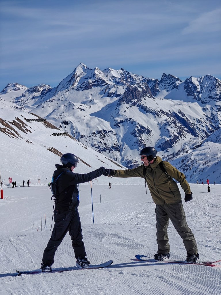 Val d'Isere snowboarding lesson happy fistbump