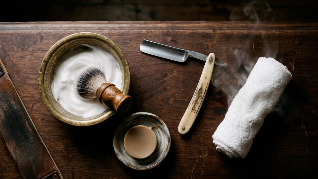 Traditional shaving tools: straight razor, Bearded Colonel shaving brush, lather bowl and hot towel