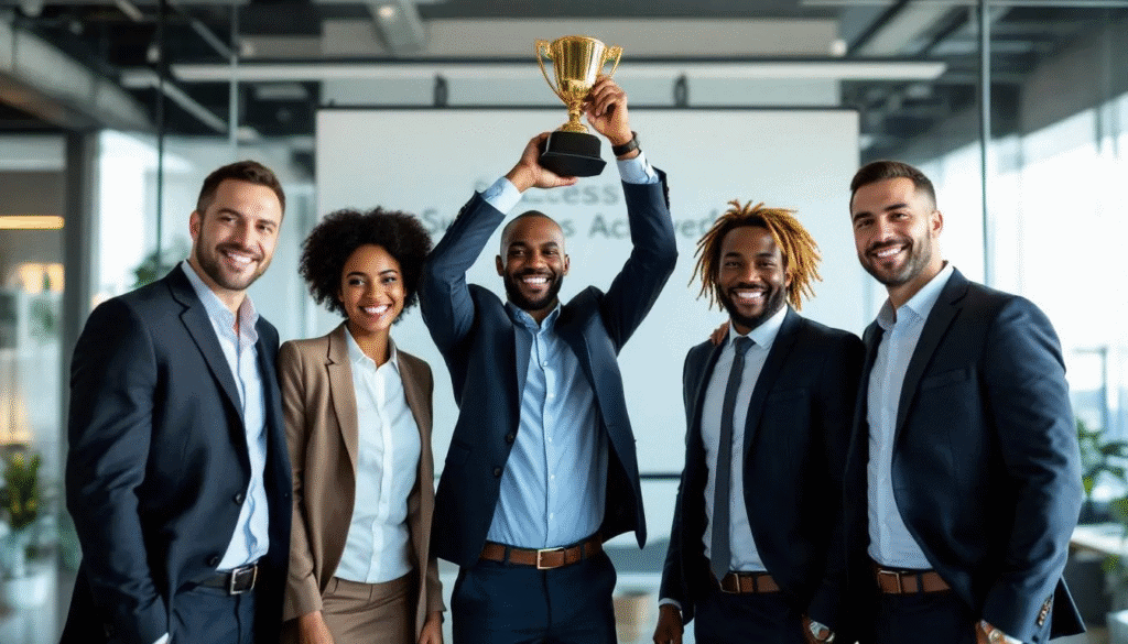 A diverse group of individuals is celebrating their success, showcasing a sense of accomplishment as they reflect on their progress in goal setting and project management. They are likely discussing their specific, measurable, and achievable objectives, emphasizing the importance of the SMART framework in their performance management efforts.
