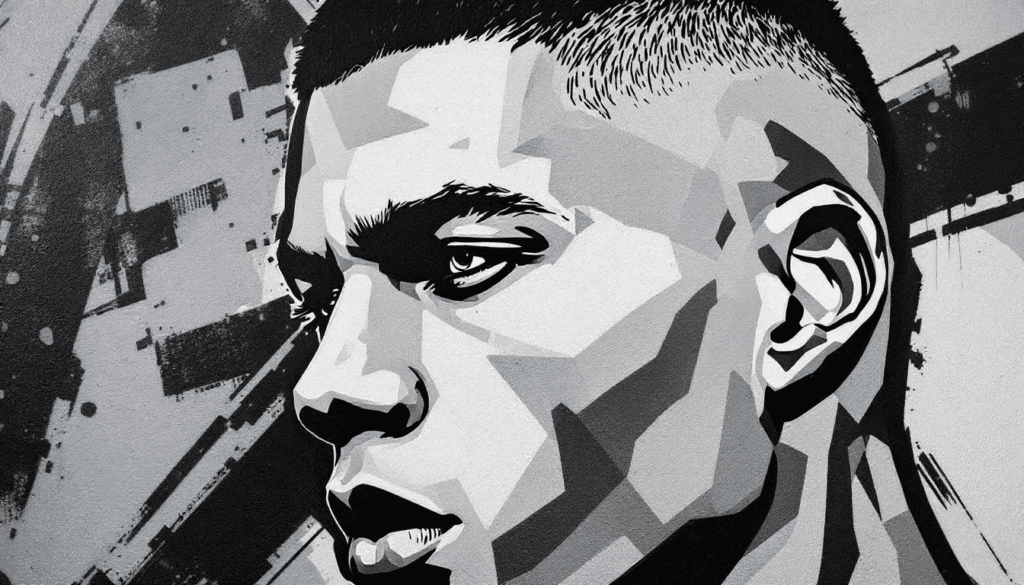 Street art portrait of a man with a buzz cut