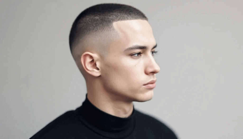 Side profile of a man with a buzz cut and a high skin fade