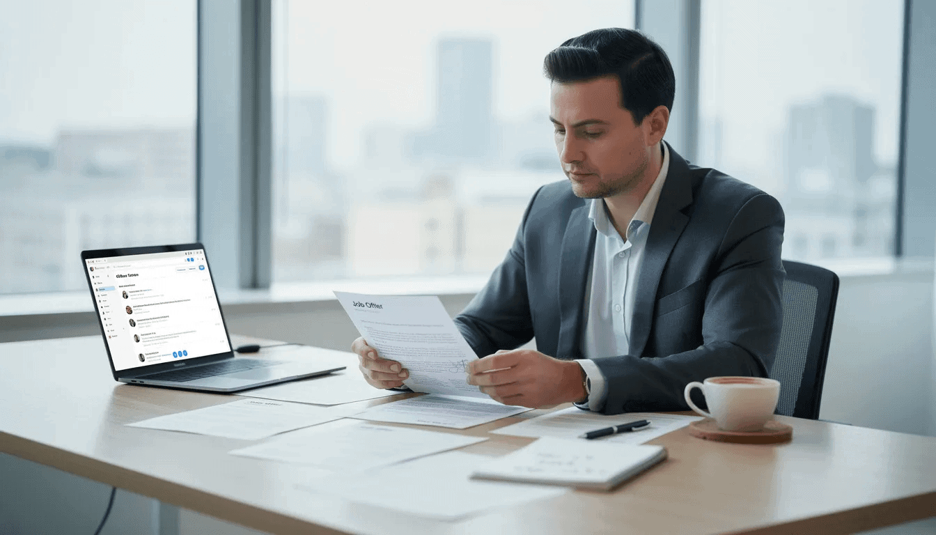 A professional sits at a desk, reviewing various job offers and documents, contemplating the negotiation process and potential outcomes. The scene reflects a focus on evaluating contract terms and preparing for successful negotiations, ensuring a clear understanding of the best alternatives to a negotiated agreement.