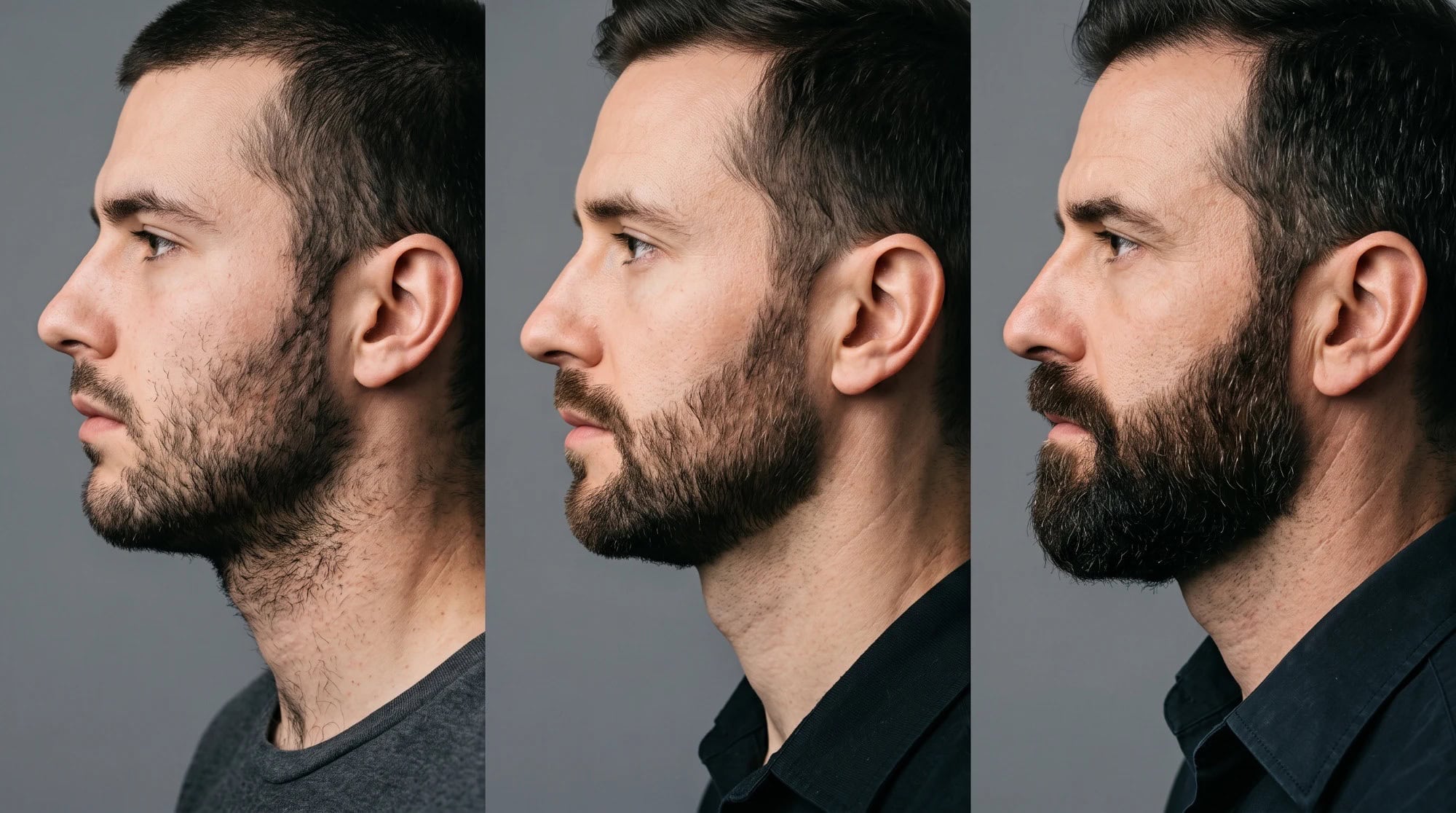 Three beards side by side: no neckline on the left, clean necklines in the middle and on the right