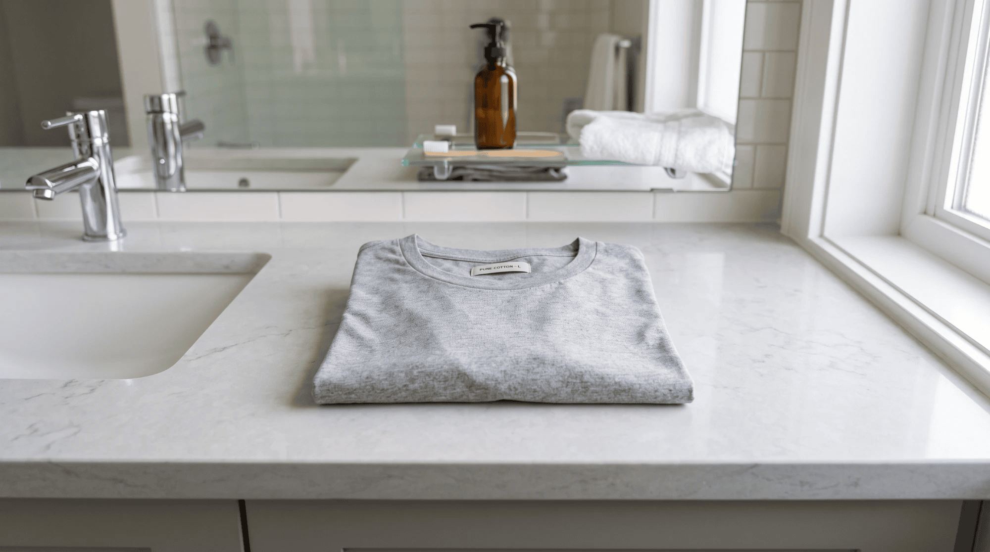 A clean cotton shirt on a bathroom counter, part of stopping post-shave itch