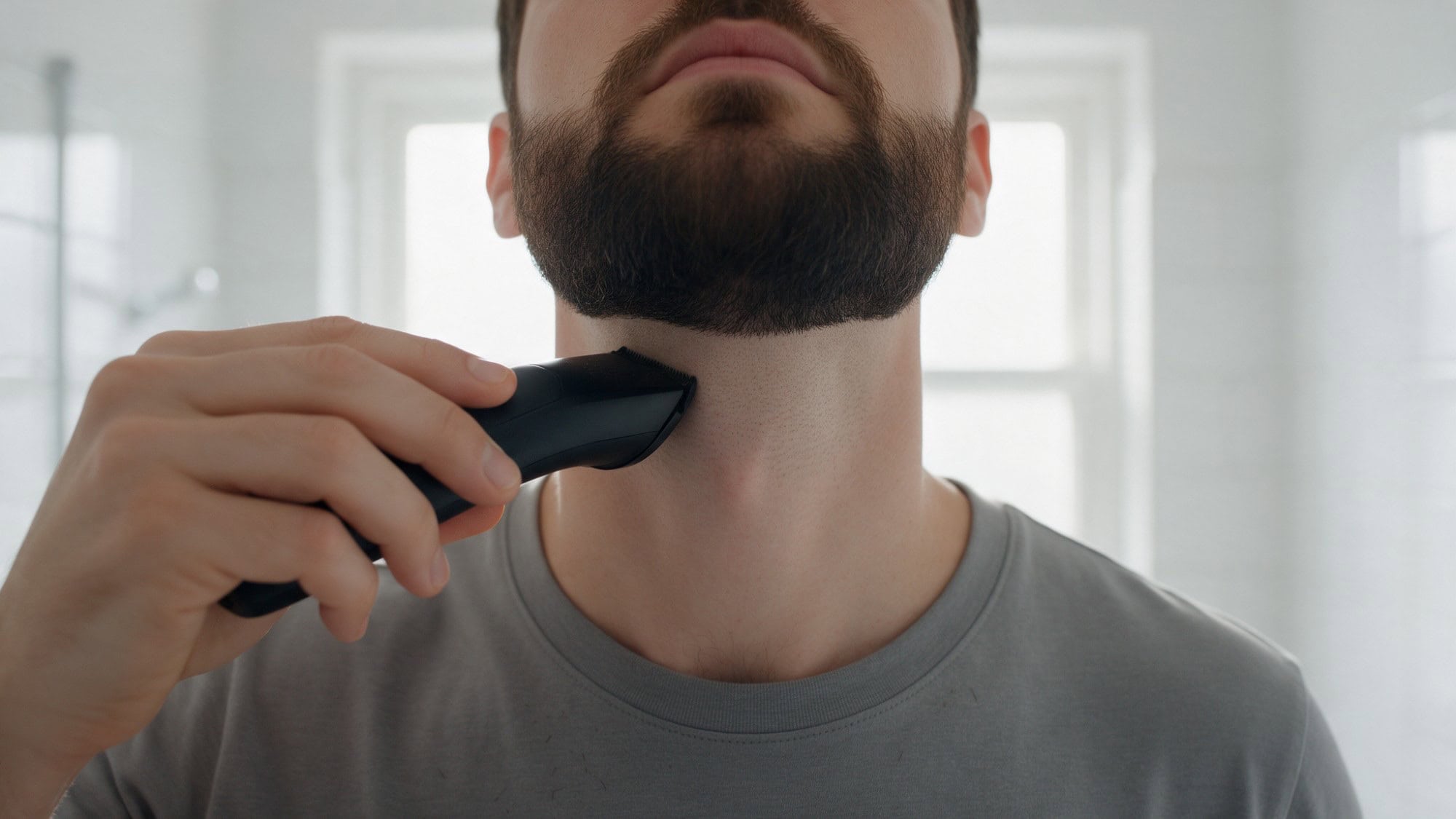 Man trimming his beard neckline under the jaw with a beard trimmer