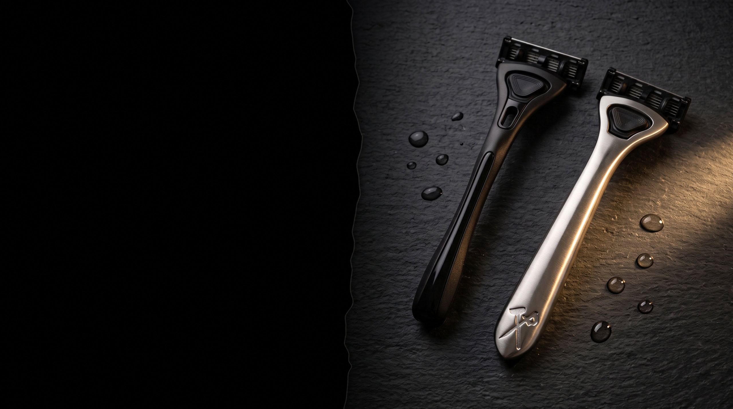 The standard and stainless steel VIP Bearded Colonel razors on dark slate