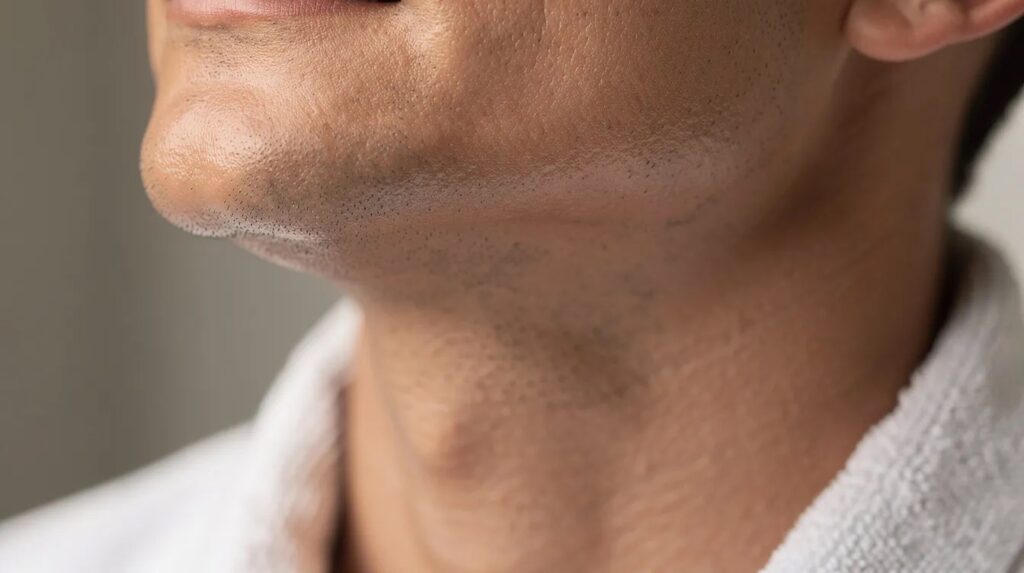 Close-up of a freshly shaved jaw and neck above a white towelling robe