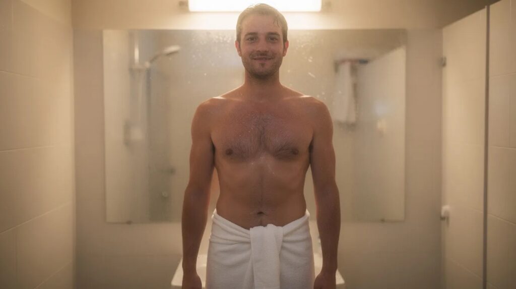 Man with a towel round his waist standing in a steamy bathroom