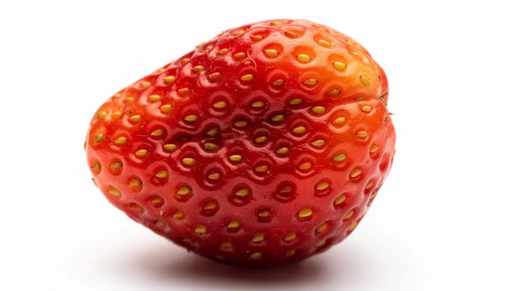 Close-up of a strawberry, its seeds sitting in small dimples across the skin